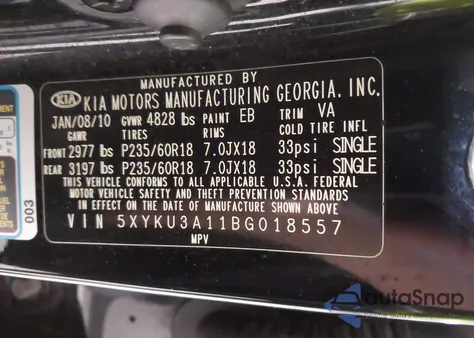 2011 Kia Sorento Ex z USA, uszkodzony, nr VIN 5XYKU3A11BG018557